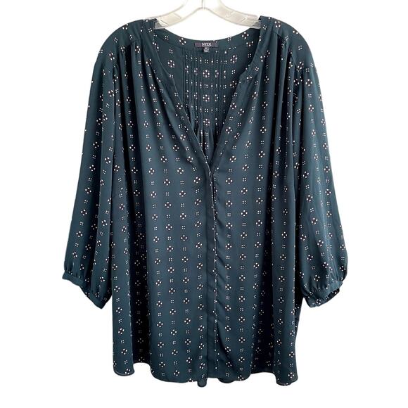 NYDJ Plus Sz 3X Peasant Blouse Top Green Print Fall Boho Feminine Career Flowy - Picture 1 of 9